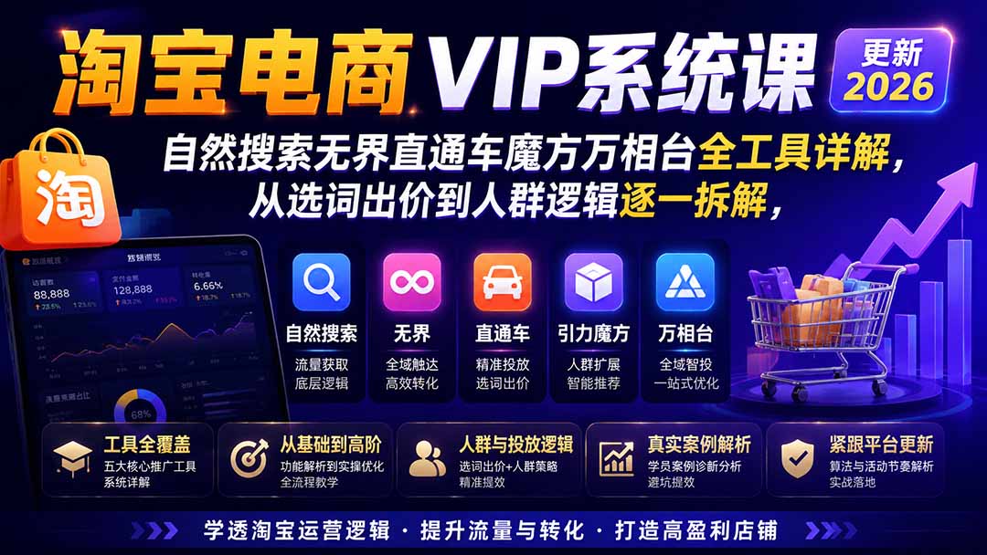 淘宝电商VIP系统课-更新8月;自然搜索无界直通车魔方万相台全工具详解,从选词出价到人群逻辑逐一拆解 淘宝电商VIP系统课-更新8月;自然搜索无界直通车魔方万相台全工具详解,从选词出价到人群逻辑逐一拆解