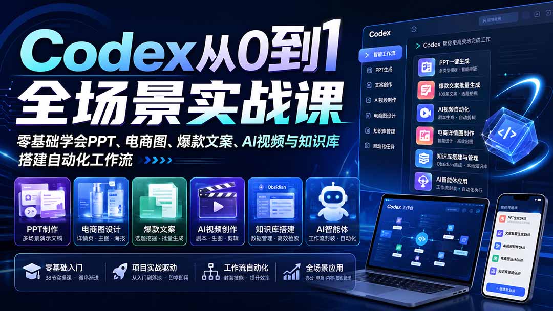 Codex从0到1全场景实战课:零基础学会PPT、电商图、爆款文案、AI视频与知识库,搭建自动化工作流 Codex从0到1全场景实战课:零基础学会PPT、电商图、爆款文案、AI视频与知识库,搭建自动化工作流