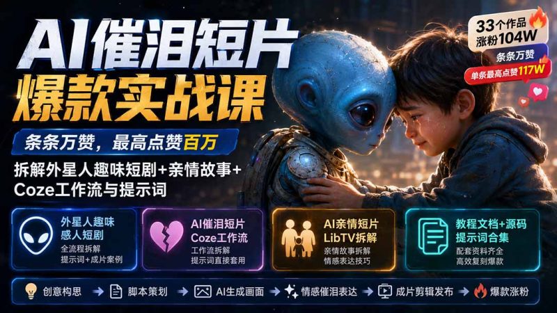 AI催泪短片爆款实战课:条条万赞,最高点赞百万,拆解外星人趣味短剧+亲情故事+Coze工作流与提示词-技研社