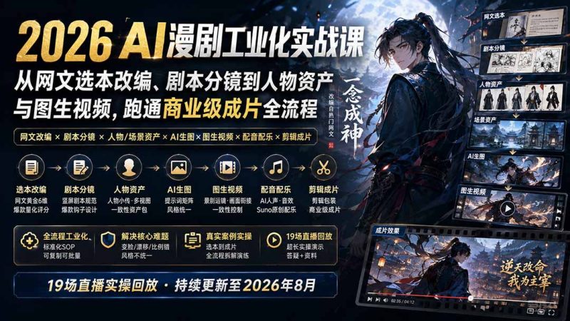 2026 AI漫剧工业化实战课-更新:从网文选本改编、剧本分镜到人物资产与图生视频,跑通商业级成片全流程-技研社