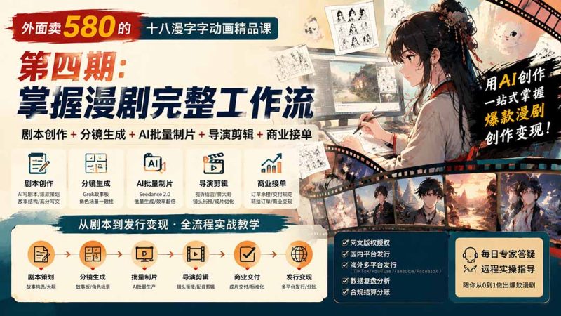 外面卖580的十八漫字字动画精品课-第四期:剧本创作+分镜生成+AI批量制片+导演剪辑+商业接单,掌握漫剧完整工作流-技研社