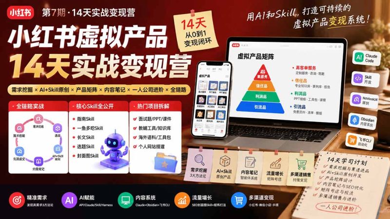 小红书虚拟产品变现营:需求挖掘、AI原创到产品矩阵的十四天落地路径-技研社