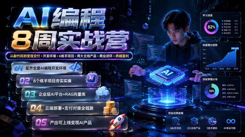 AI编程8周实战营:从敲代码到变现交付×开发环境×6练手项目×两大主线产品×商业闭环×跨越盈利 - 技研社-技研社
