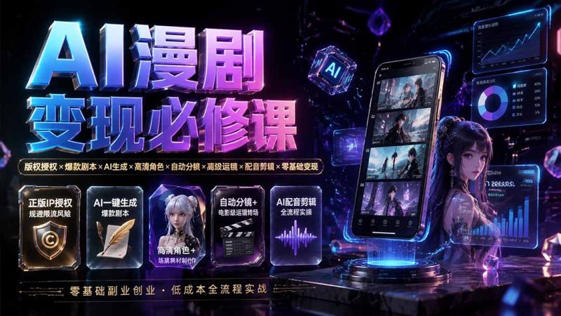 AI漫剧变现必修课:版权授权×爆款剧本×AI生成×高清角色×自动分镜×高级运镜×配音剪辑×零基础变现 - 技研社-技研社