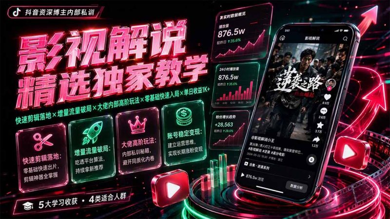 影视解说精选独家教学：快速剪辑落地×增量流量破局×大佬内部高阶玩法×零基础快速入局×单日收益1K+ - 技研社-技研社