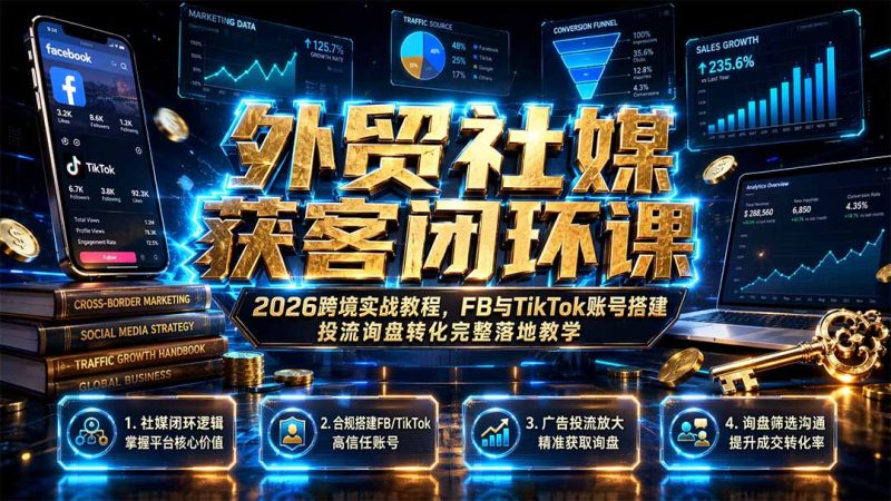 外贸社媒获客闭环课|2026跨境实战教程,FB与TikTok账号搭建投流询盘转化完整落地教学 - 技研社-技研社