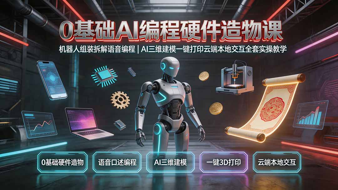 0基础AI编程硬件造物课|机器人组装拆解语音编程,AI三维建模一键打印云端本地交互全套实操教学 0基础AI编程硬件造物课|机器人组装拆解语音编程,AI三维建模一键打印云端本地交互全套实操教学