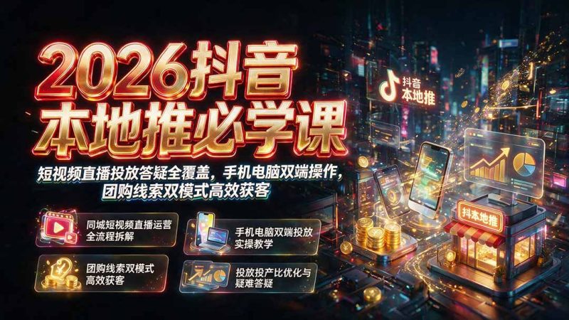 2026抖音本地推必学课|短视频直播投放答疑全覆盖,手机电脑双端操作,团购线索双模式高效获客 - 技研社-技研社