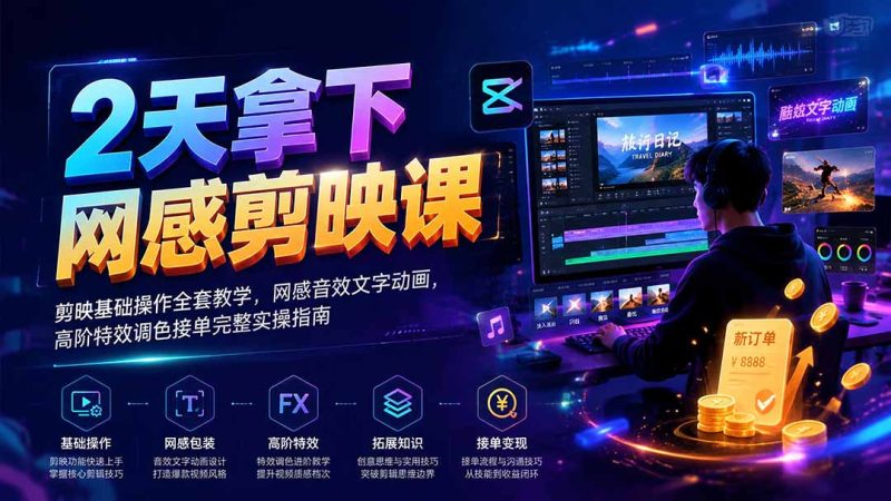2天拿下网感剪辑课|剪映基础操作全套教学,网感音效文字动画,高阶特效调色接单完整实操指南 - 技研社-技研社