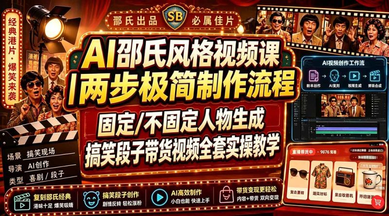 AI邵氏风格视频课|两步极简制作流程,固定/不固定人物生成,搞笑段子带货视频全套实操教学 - 技研社-技研社
