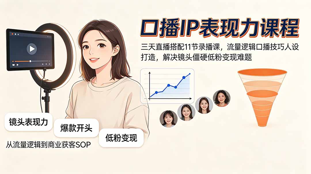口播IP表现力课程|三天直播搭配11节录播课,流量逻辑口播技巧人设打造,解决镜头僵硬低粉变现难题 口播IP表现力课程|三天直播搭配11节录播课,流量逻辑口播技巧人设打造,解决镜头僵硬低粉变现难题