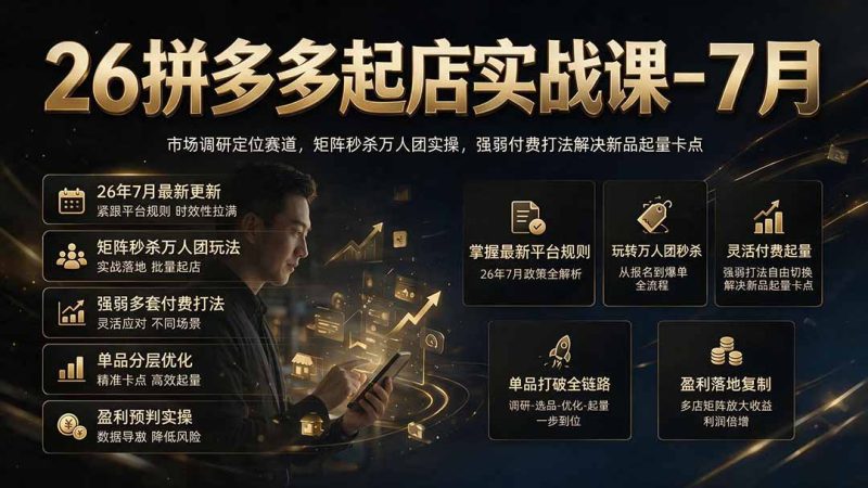 26拼多多起店实战课-7月|市场调研定位赛道,矩阵秒杀万人团实操,强弱付费打法解决新品起量卡点 - 技研社-技研社