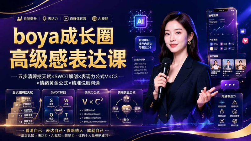 boya成长圈|内心成长高级表达AI自媒体三合一,消解内耗挖掘天赋,镜头沟通AI指令短视频全流程教学 - 技研社-技研社