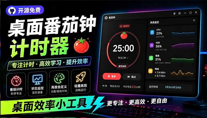 仅1.16MB,开源极简的桌面时钟、番茄钟计时器,还支持系统监控显示,桌面效率小工具 Catime - 技研社-技研社