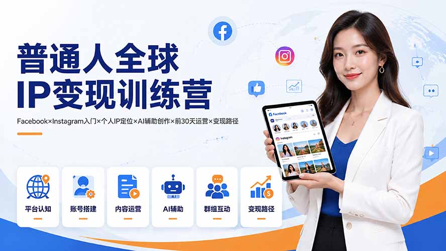 普通人全球IP变现训练营:Facebook×Instagram入门×个人IP定位×AI辅助创作×前30天运营×变现路径 普通人全球IP变现训练营:Facebook×Instagram入门×个人IP定位×AI辅助创作×前30天运营×变现路径