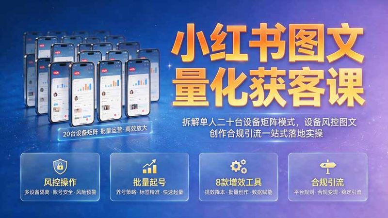 小红书图文量化获客课|拆解单人二十台设备矩阵模式:设备风控图文创作合规引流落地实操-技研社