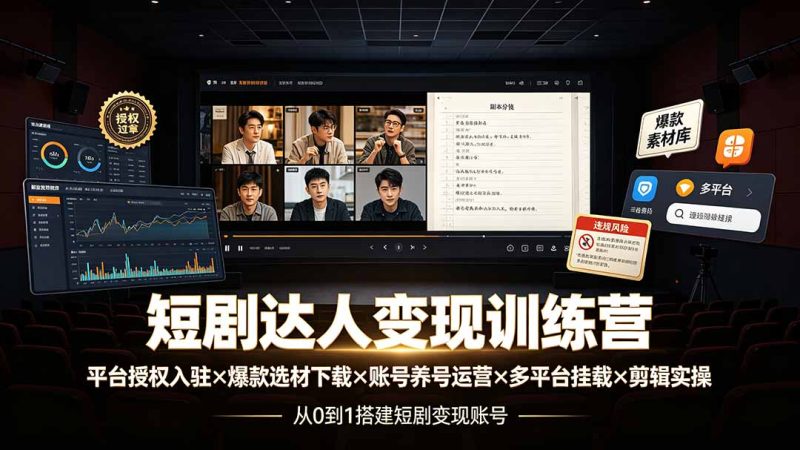 短剧达人变现训练营:平台授权入驻×爆款选材下载×账号养号运营×多平台挂载×剪辑实操×违规处理全流程 - 技研社-技研社
