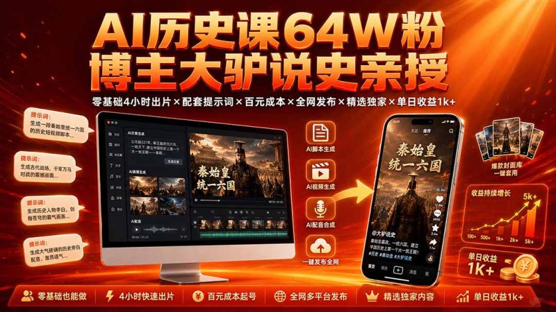 AI历史课64W粉博主大驴说史亲授:零基础4小时出片×配套提示词×百元成本×全网发布×精选独家×单日收益1k+ - 技研社-技研社
