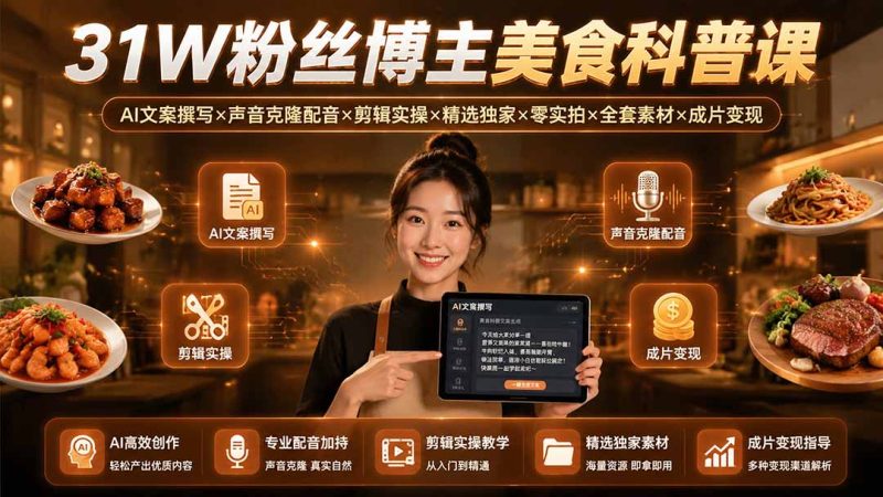31W粉丝博主美食科普课：AI文案撰写×声音克隆配音×剪辑实操×精选独家×零实拍×全套素材×成片变现 - 技研社-技研社