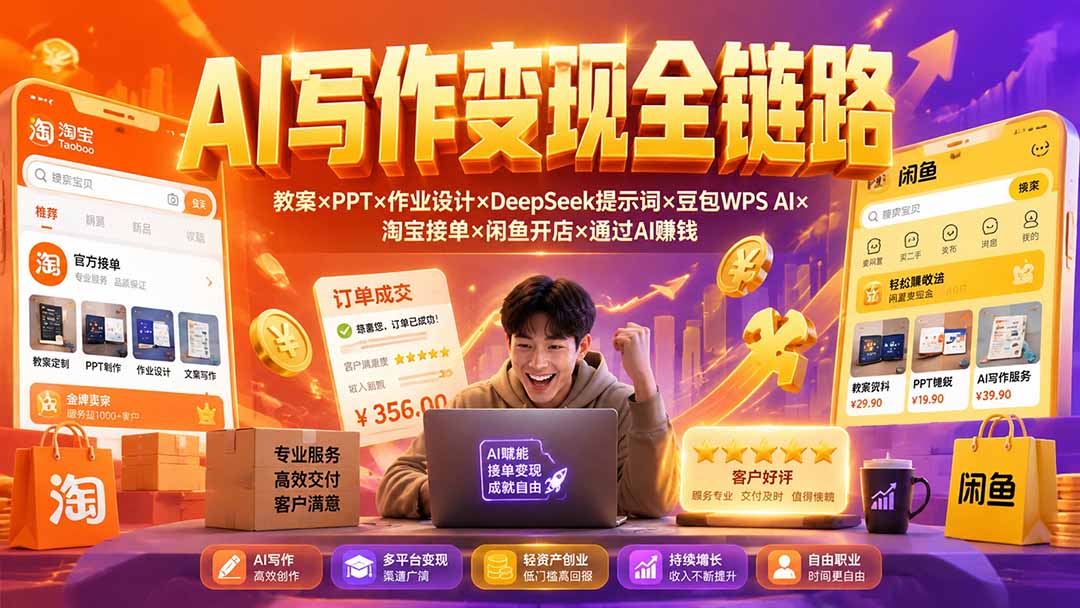2026AI写作变现全链路:教案×PPT×作业设计×DeepSeek提示词×豆包WPS AI×淘宝接单×闲鱼开店×通过AI賺钱 2026AI写作变现全链路:教案×PPT×作业设计×DeepSeek提示词×豆包WPS AI×淘宝接单×闲鱼开店×通过AI賺钱