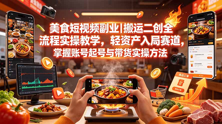 美食短视频副业｜搬运二创全流程实操教学，轻资产入局赛道，掌握账号起号与带货实操方法