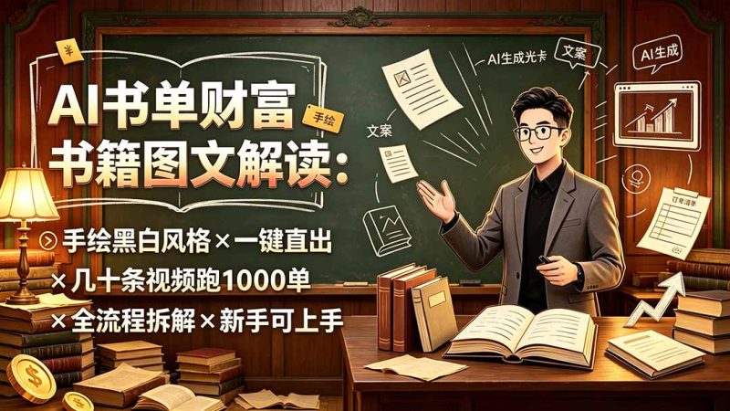 AI书单财富书籍图文解读:手绘黑白风格×一键直出×几十条视频跑1000单×全流程拆解×新手可上手 - 技研社-技研社