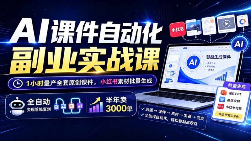 AI课件自动化副业实战课:1小时量产全套原创课件×小红书素材批量生成×全自动变现管线×半年卖3000单 - 技研社-技研社