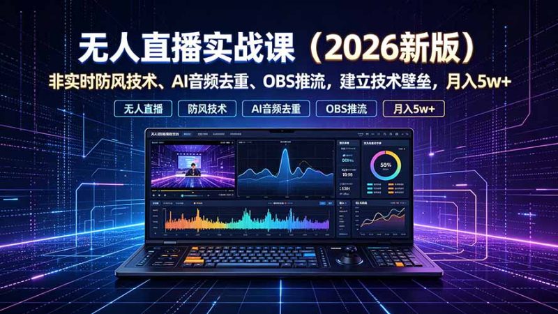 无人直播实战课(更新7月),非实时防风技术、AI音频去重、OBS推流,建立技术壁垒,月入5w+ - 技研社-技研社