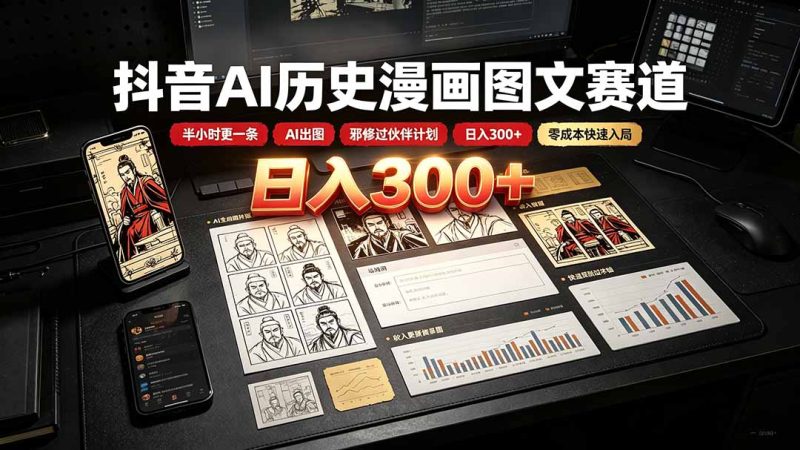 抖音AI历史漫画图文赛道:半小时更一条×AI出图×邪修过伙伴计划×日入300+,零成本快速入局 - 技研社-技研社