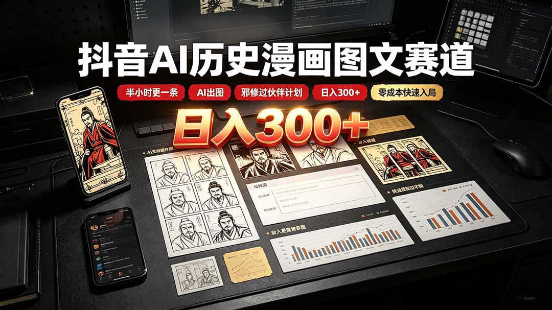 抖音AI历史漫画图文赛道:半小时更一条×AI出图×邪修过伙伴计划×日入300+,零成本快速入局 抖音AI历史漫画图文赛道:半小时更一条×AI出图×邪修过伙伴计划×日入300+,零成本快速入局