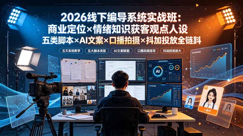 2026线下编导系统实战班:商业定位×情绪知识获客观点人设五类脚本×AI文案×口播拍摄×抖加投放全链路 - 技研社-技研社