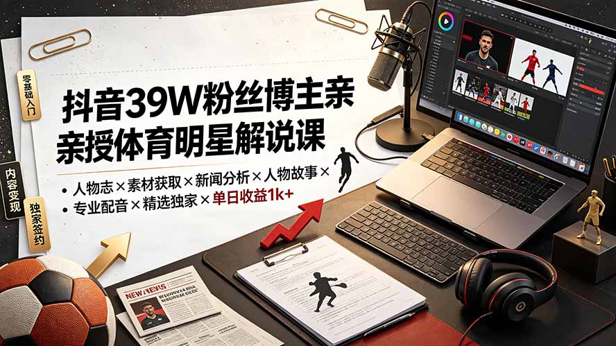 抖音39W粉丝博主亲授体育明星解说课:人物志×素材获取×新闻分析×人物故事×专业配音×精选独家×单日收益1k+ 抖音39W粉丝博主亲授体育明星解说课:人物志×素材获取×新闻分析×人物故事×专业配音×精选独家×单日收益1k+