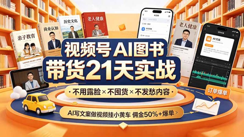 视频号AI图书带货21天实战:不用露脸×不囤货×不发愁内容,AI写文案做视频挂小黄车,佣金50%+爆单 - 技研社-技研社