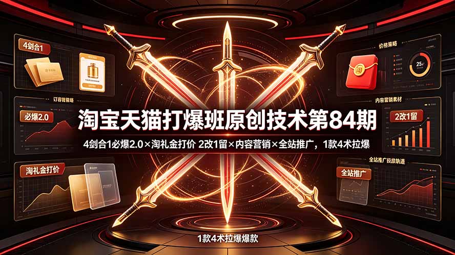 淘宝天猫打爆班原创技术第84期：4剑合1必爆2.0×淘礼金打价×2改1留×内容营销×全站推广，1款4术拉爆