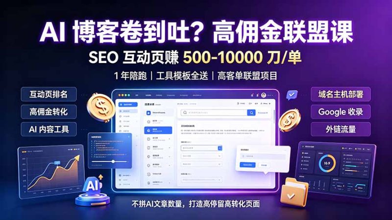 AI 博客卷到吐?高佣金联盟课:SEO 互动页赚 500-10000 刀 单,1 年陪跑 + 工具模板全送 - 技研社-技研社