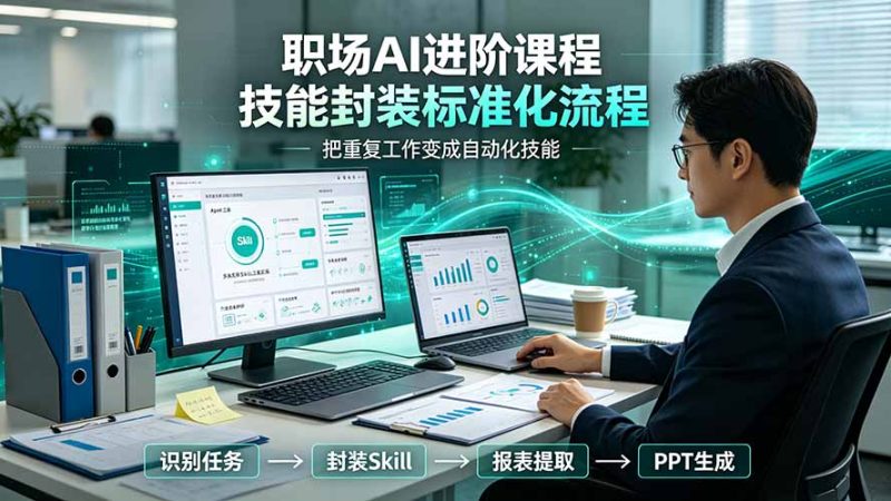 职场AI进阶课程;多类实用Skill工具实操,专属技能封装标准化流程,报表行业报告一键提取核心内容 - 技研社-技研社