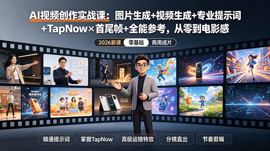 AI视频创作实战课:图片生成+视频生成+专业提示词+TapNow×首尾帧+全能参考,从零到电影感成片 AI视频创作实战课:图片生成+视频生成+专业提示词+TapNow×首尾帧+全能参考,从零到电影感成片