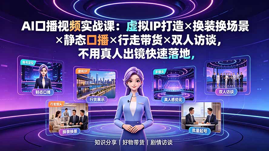 AI口播视频实战课:虚拟IP打造×换装换场景×静态口播×行走带货×双人访谈,不用真人出镜快速落地 AI口播视频实战课:虚拟IP打造×换装换场景×静态口播×行走带货×双人访谈,不用真人出镜快速落地