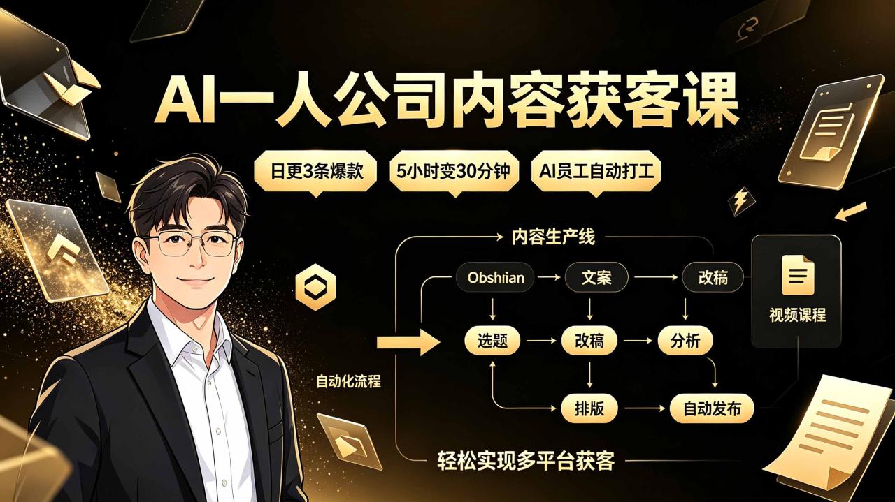 AI一人公司内容获客课:日更3条爆款×5小时变30分钟×AI员工自动打工,轻松实现多平台获客 AI一人公司内容获客课:日更3条爆款×5小时变30分钟×AI员工自动打工,轻松实现多平台获客