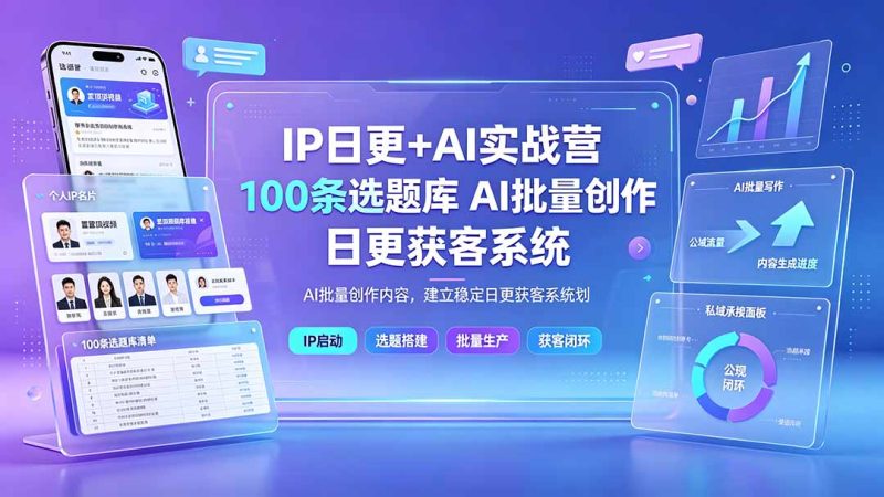 IP日更+AI实战营:IP置顶视频制作×100条选题库搭建×10条日更规划,AI批量创作内容,建立稳定日更获客系统 - 技研社-技研社