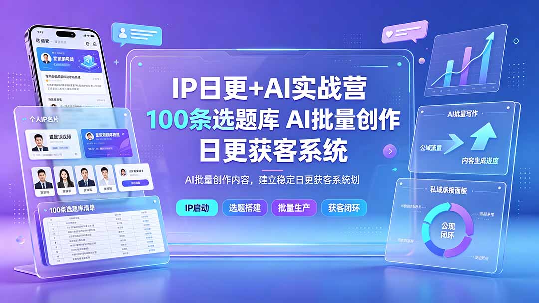 IP日更+AI实战营:IP置顶视频制作×100条选题库搭建×10条日更规划,AI批量创作内容,建立稳定日更获客系统 IP日更+AI实战营:IP置顶视频制作×100条选题库搭建×10条日更规划,AI批量创作内容,建立稳定日更获客系统