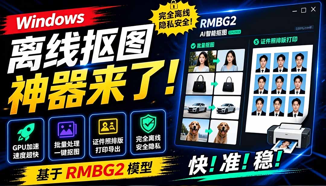 Windows离线抠图神器来了!支持批量抠图 + 证件照排版打印,基于RMBG2模型,GPU加速 方块AI抠图 Windows离线抠图神器来了!支持批量抠图 + 证件照排版打印,基于RMBG2模型,GPU加速 方块AI抠图