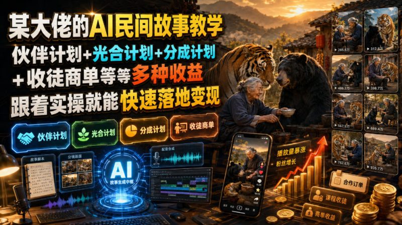 某大佬的AI民间故事教学,伙伴计划+光合计划+分成计划+收徒商单等多种收益,跟着实操就能快速落地变现 - 技研社-技研社