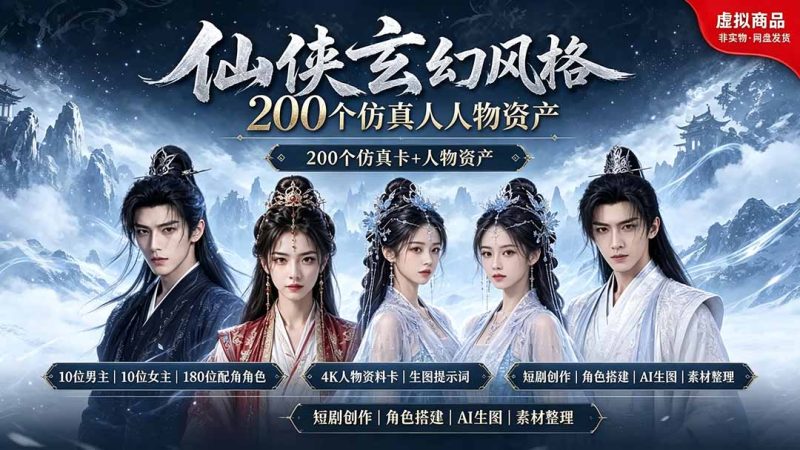 200个仙侠玄幻仿真人素材◆10男主×10女主×180配角，4K资料卡+AI生图提示词，漫剧必备 - 技研社-技研社