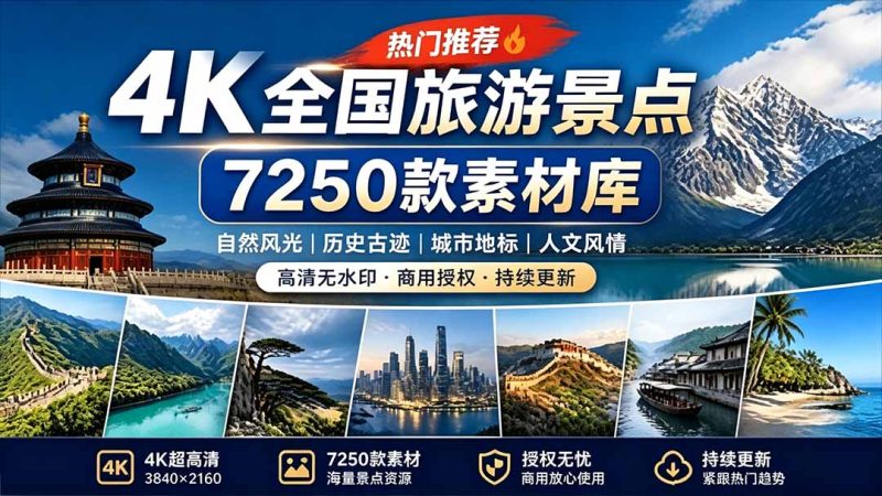热门全国旅游风景素材!4K全国旅游景点素材库,7250款素材,旅行达人城市航拍风景风光高清短视频 - 技研社-技研社