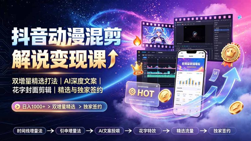 抖音动漫混剪解说变现课：双增量精选打法｜AI深度文案｜花字封面剪辑｜ 精选与独家签约日入1000+ - 技研社-技研社