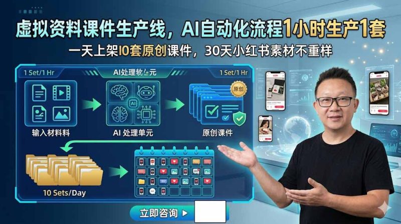 虚拟资料课件生产线,AI自动化流程1小时生产1套,一天上架10套原创课件,30天小红书素材不重样 - 技研社-技研社