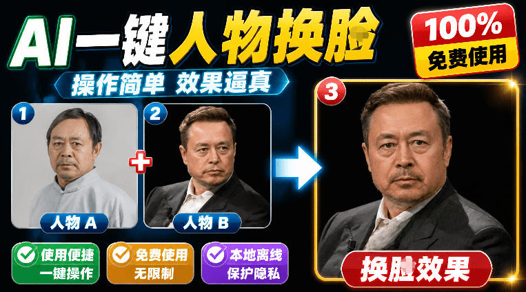 纯离线本地运行!AI一键人物lian部替换软件,支持图片换lian,效果逼真,最便捷换lian工具FaceSwap 纯离线本地运行!AI一键人物lian部替换软件,支持图片换lian,效果逼真,最便捷换lian工具FaceSwap