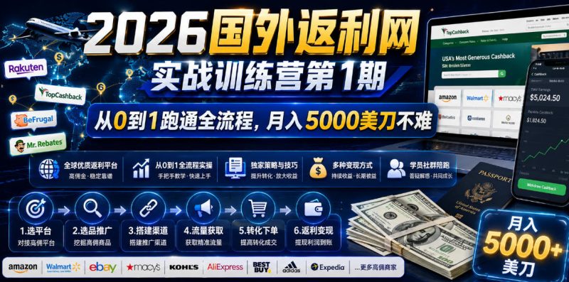 2026国外返利网实战变现营-第一期,从零拆解项目逻辑与流程,跑通完整变现链路,月入5000美金 - 技研社-技研社