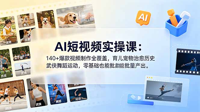 AI短视频实操课:140+爆款视频制作全覆盖,育儿宠物治愈历史武侠舞蹈运动,零基础也能批量产出 AI短视频实操课:140+爆款视频制作全覆盖,育儿宠物治愈历史武侠舞蹈运动,零基础也能批量产出